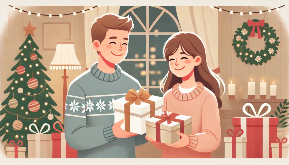 A couple smiling warmly while exchanging gifts