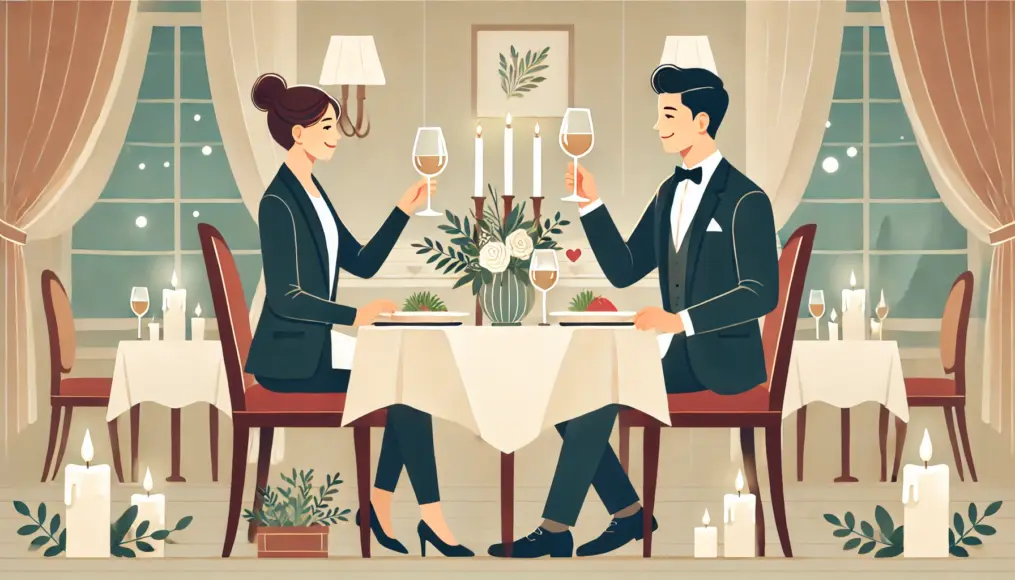 A couple toasting at an elegant restaurant. The atmosphere is glamorous, making their date feel special