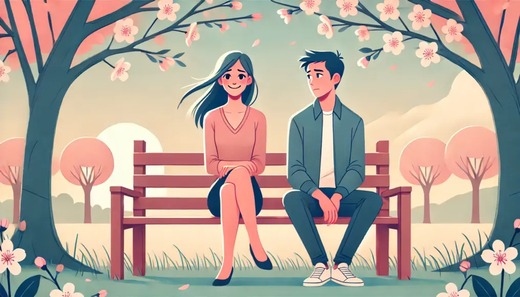 A couple sitting on a park bench, getting close too quickly but feeling awkward. The woman is smiling, but the man looks slightly uneasy. The background features cherry blossom trees, giving a springtime atmosphere.