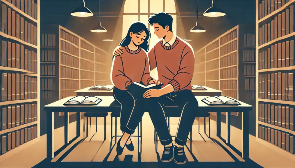 A couple sitting in a quiet library, resting their hands on top of each other while reading. Through this small gesture, they share warmth and affection in a peaceful setting