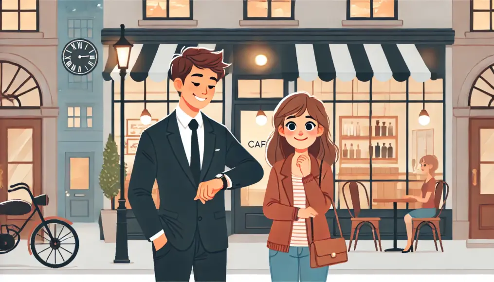 A couple waiting to meet in front of a stylish café. The man checks his watch with a smile, while the woman looks slightly nervous