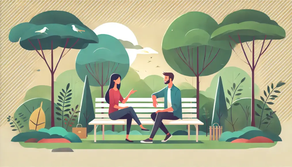 A couple sitting on a park bench, enjoying a lively conversation. The surrounding nature creates a relaxed and comfortable atmosphere