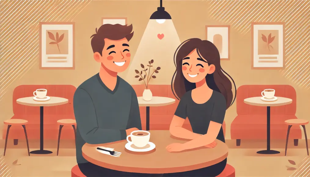 A couple smiling at each other on their first date. A coffee cup is placed on the table, and both are relaxed and engaged in a pleasant conversation