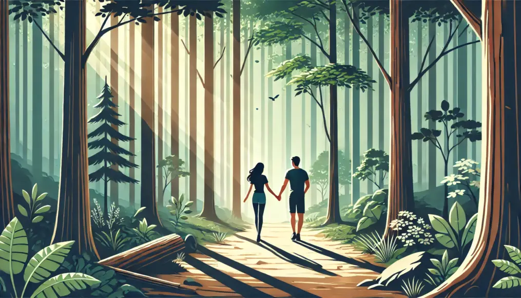 A couple walking hand in hand through a forest, immersed in nature and each other