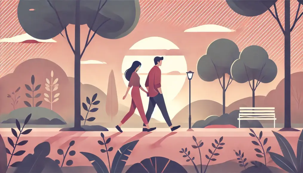 A couple strolling together, enjoying a relaxed and peaceful time