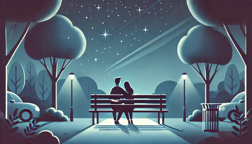 A couple sitting on a bench in a night park, gazing at the starry sky while chatting closely