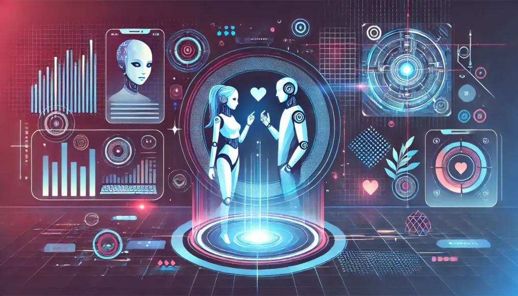 A futuristic digital space symbolizing the future of romance, where an AI and a human interact and enjoy a virtual date