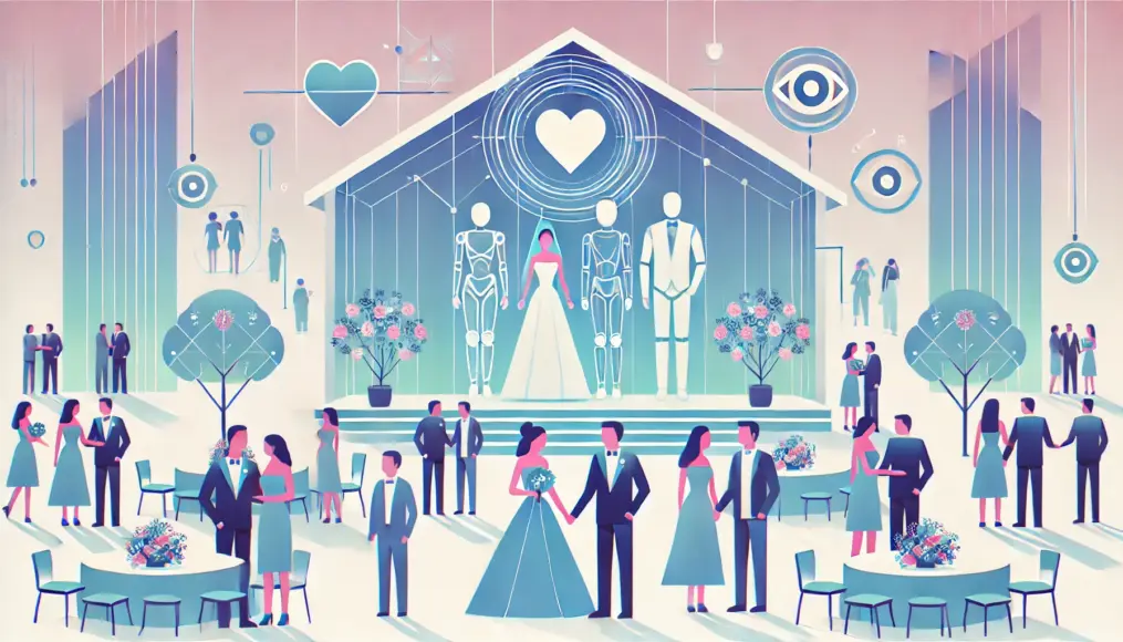 A futuristic wedding venue where multiple couples, including AI partners, are being celebrated