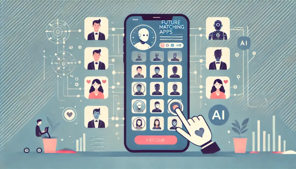 Concept of future matching apps. Various profiles are displayed on a smartphone screen, and AI is selecting the most suitable match