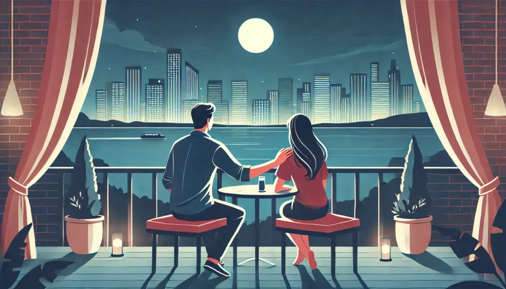 A couple standing on a terrace overlooking a city skyline at night. The man gently places his hand on the woman’s back, creating a moment of trust and warmth