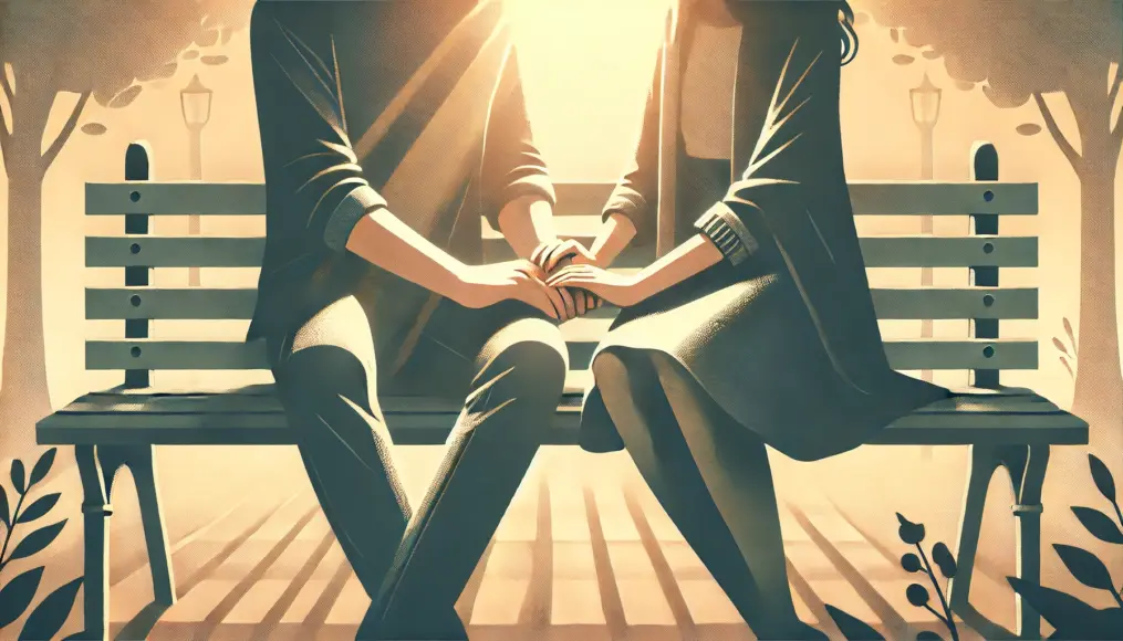 A couple sitting on a park bench bathed in dappled sunlight, gently holding hands and smiling at each other. Their fingers softly intertwine, conveying warmth and a deep sense of security