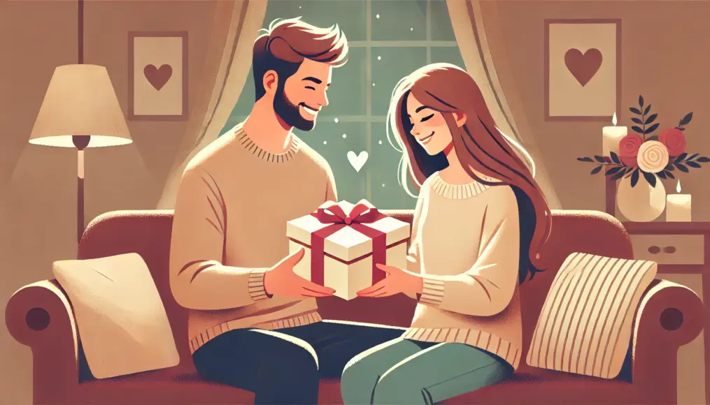 A couple exchanging a beautifully wrapped gift, smiling happily