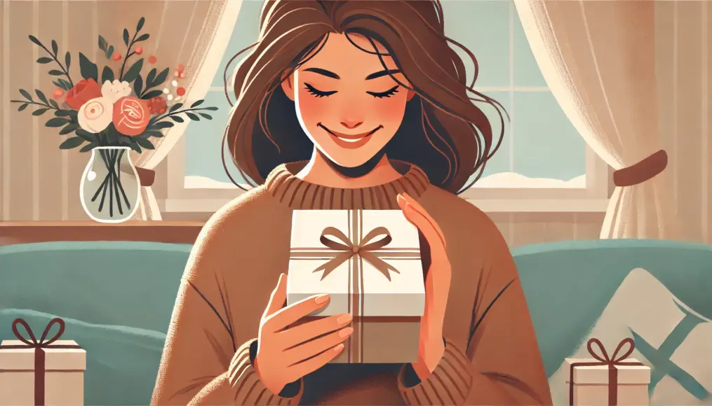 A woman holding a meaningful yet simple gift with a delighted expression