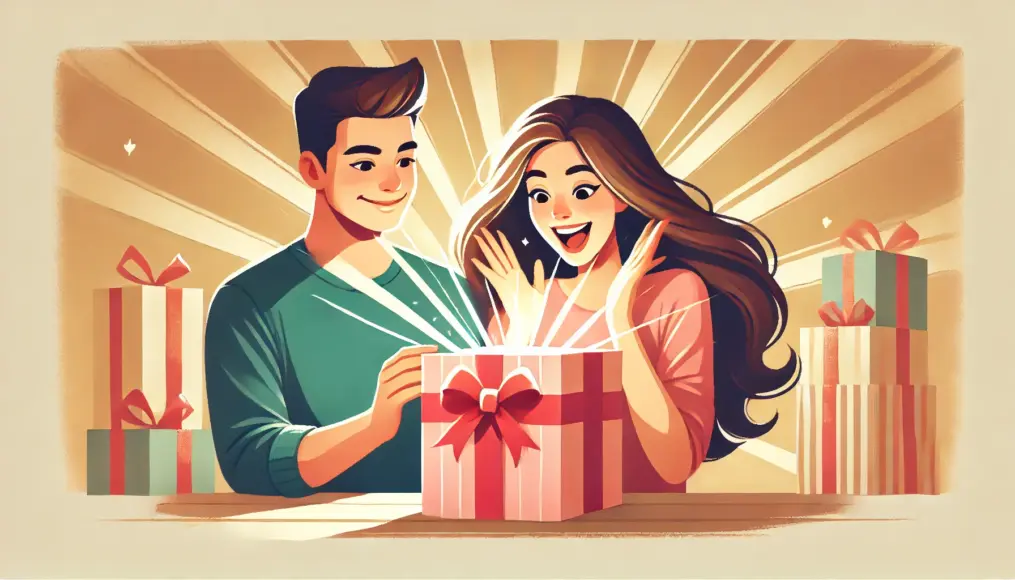 A couple surprised and overjoyed by a spontaneous gift