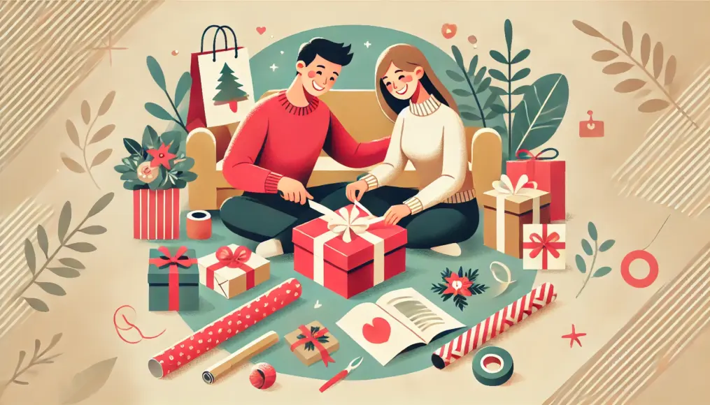 A couple making a gift special with creative wrapping