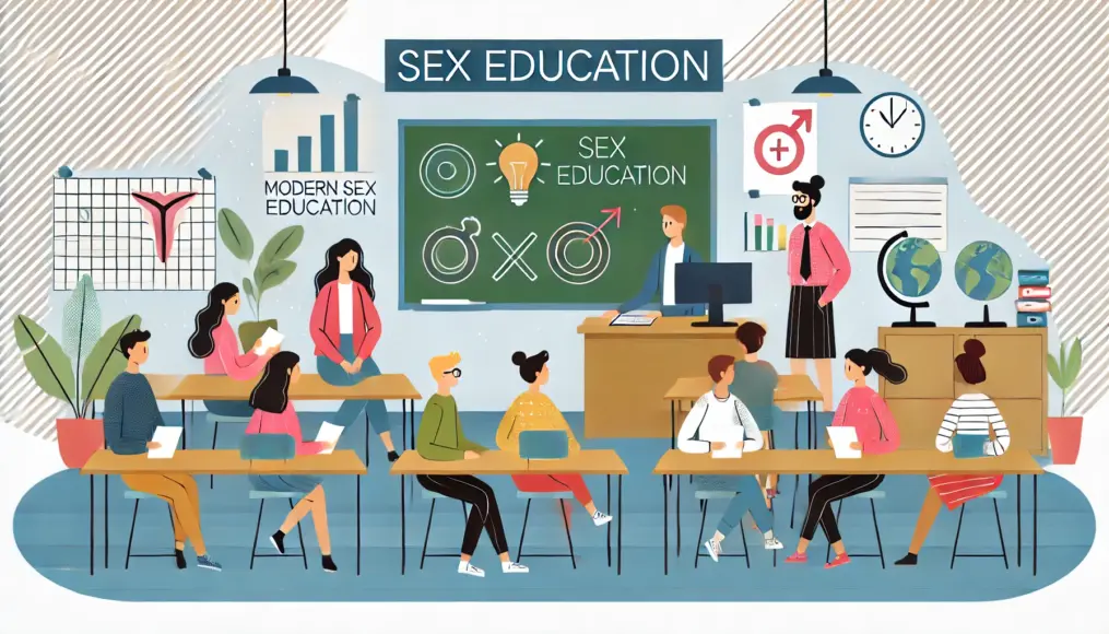 A classroom scene in a Western country where students are engaged in a sex education lesson, illustrating the differences in global education approaches