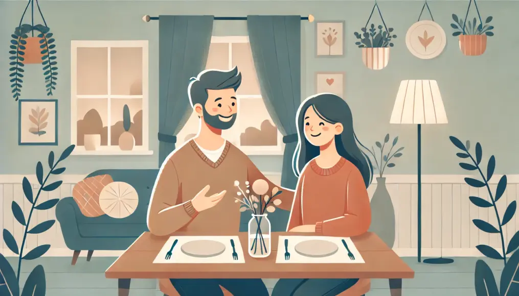 A couple sitting at a dining table, smiling at each other as they express gratitude