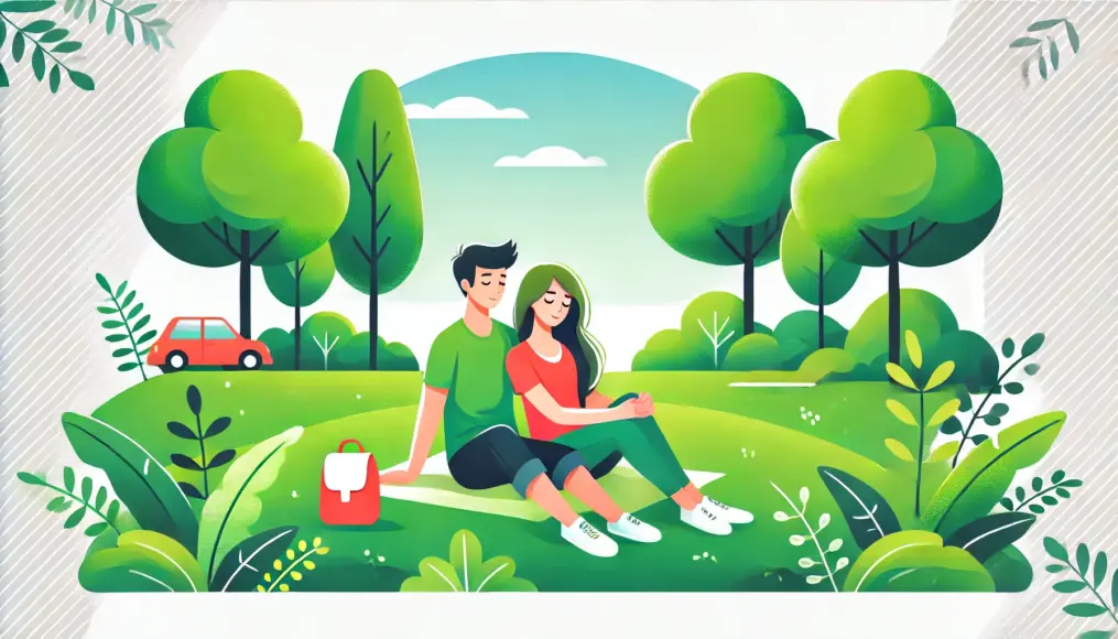 A couple relaxing in a lush green park, sitting on the grass and enjoying a peaceful moment together