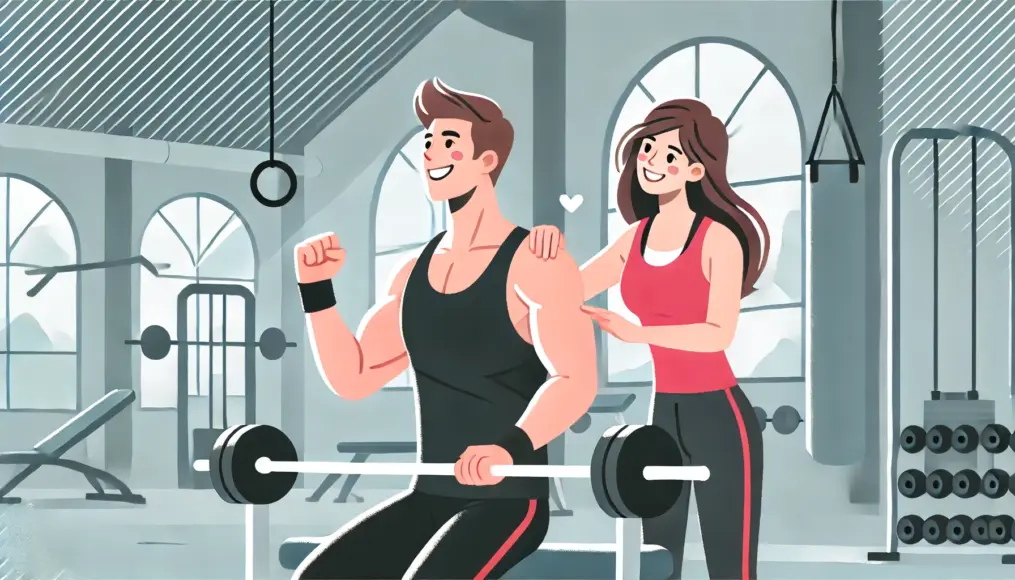 A man working out in a gym while a woman smiles encouragingly beside him, symbolizing how strength training boosts confidence and strengthens relationships.