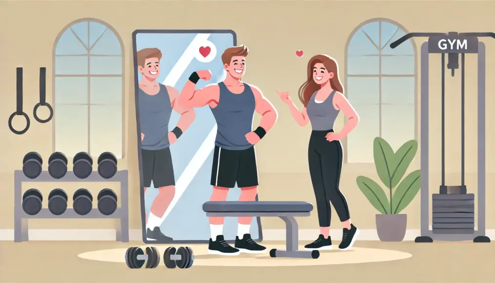 A man training in front of a gym mirror while a woman smiles encouragingly, representing how fitness boosts confidence and strengthens relationships.