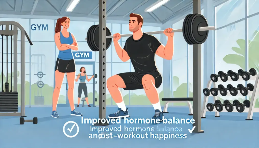 A man performing squats in the gym while a woman watches with encouragement, symbolizing improved hormone balance and post-workout happiness.