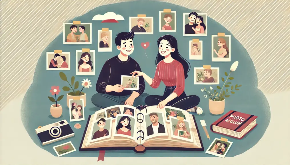 A couple happily flipping through a handmade photo album