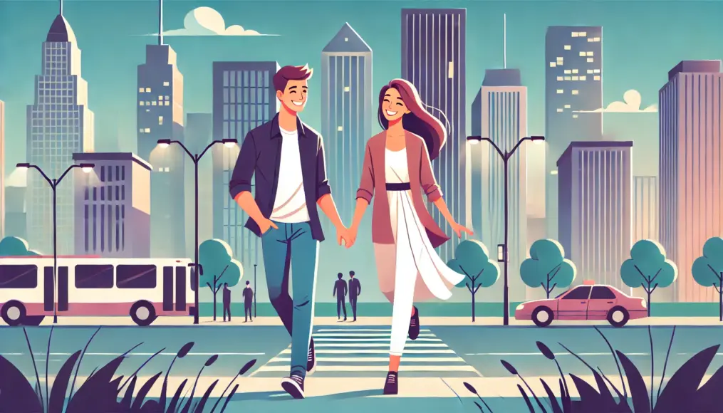 A couple walking in the city while smiling at each other