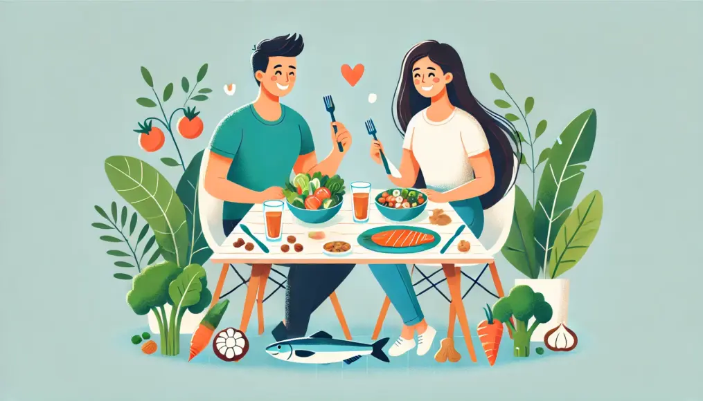 A couple enjoying a healthy meal together. The table is filled with colorful vegetables, fish, and nuts, emphasizing a well-balanced diet