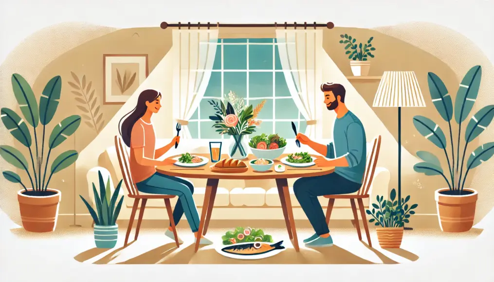 A couple enjoying a healthy meal together in a relaxed dining setting