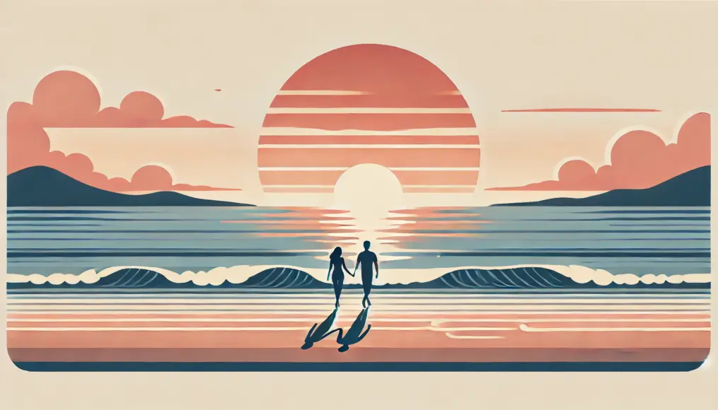 A couple walking by the beach, enjoying a quiet moment together as the sun sets. Gentle waves roll in the background, creating a serene and peaceful scene.