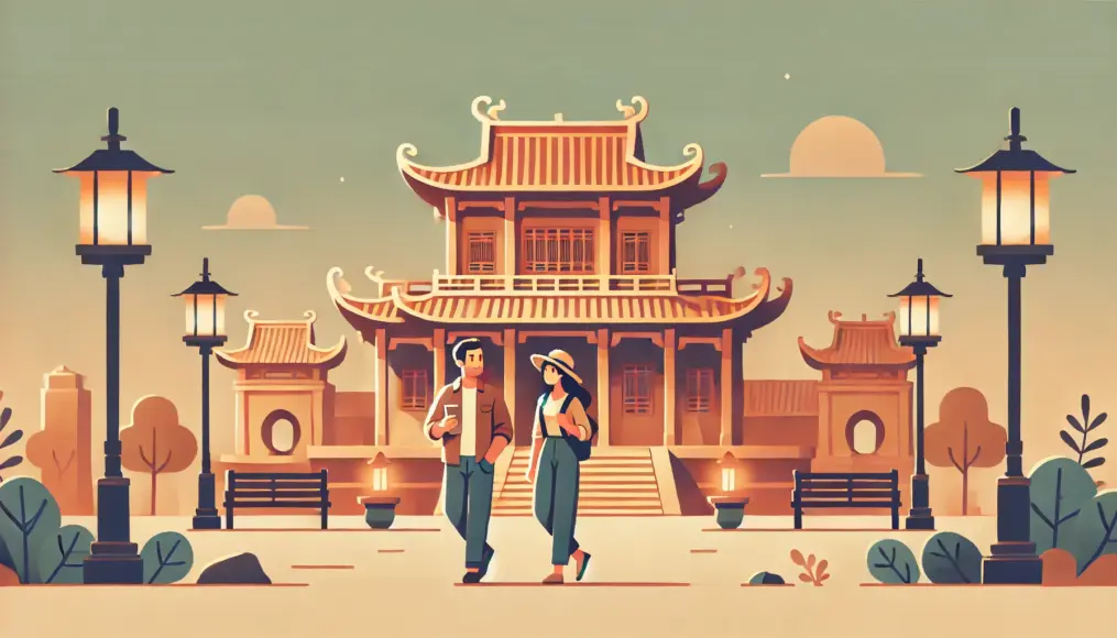 A couple walking past a historical building, enjoying a cultural experience together