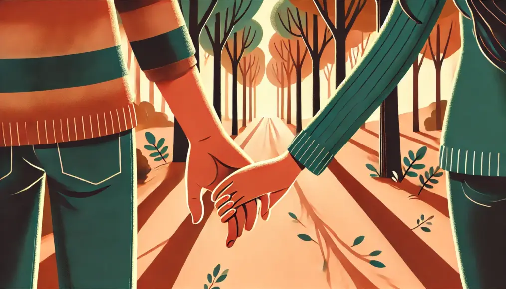 A couple walking leisurely along a tree-lined path, gently holding hands from behind. Their fingers are intertwined, sharing a sense of trust and reassurance