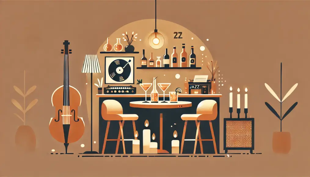 A cozy home bar setup with warm lighting, featuring cocktails on the table alongside aroma candles and a jazz record, creating a relaxed and stylish atmosphere.