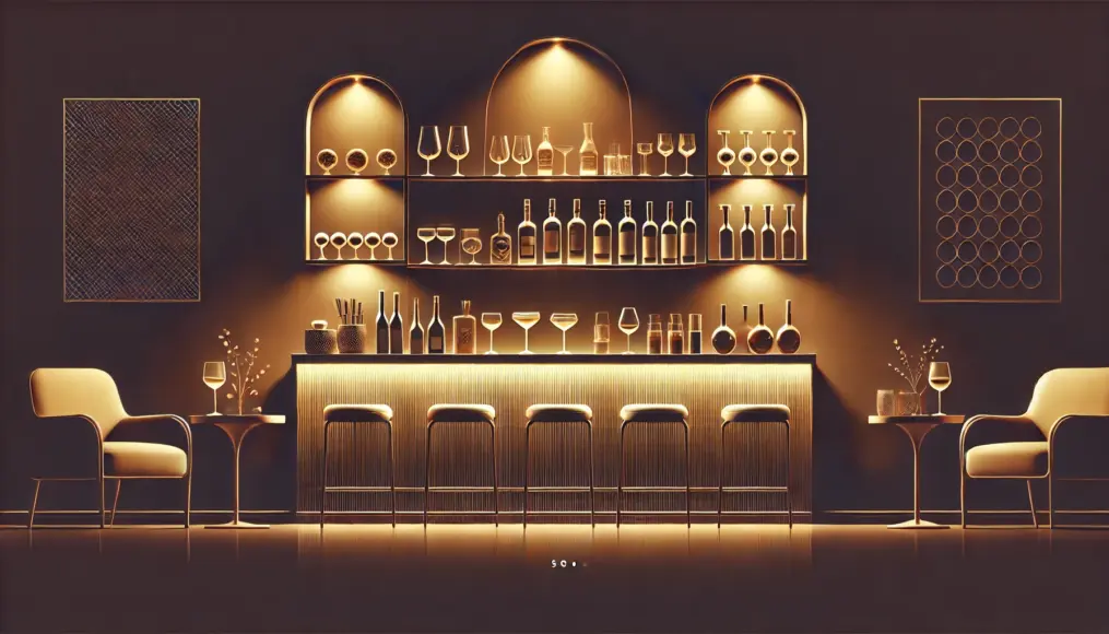 A sleek and stylish home bar setup with neatly arranged glasses and bottles, illuminated by warm ambient lighting, creating a cozy atmosphere.