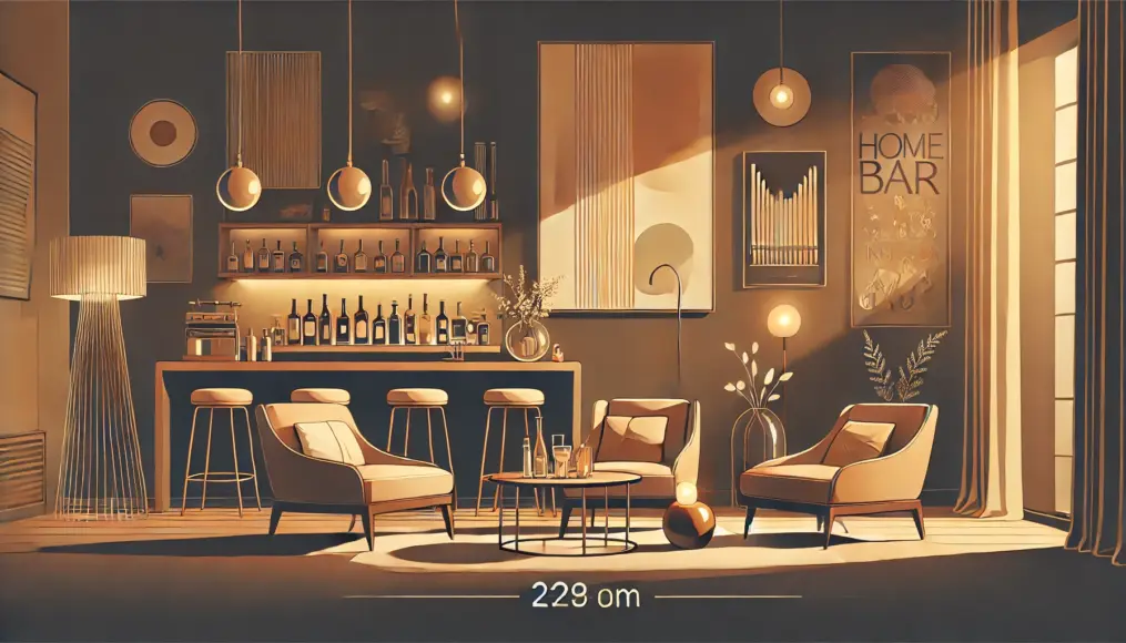 A stylish home bar corner featuring warm lighting, elegant artwork, and a relaxing jazz-like atmosphere.