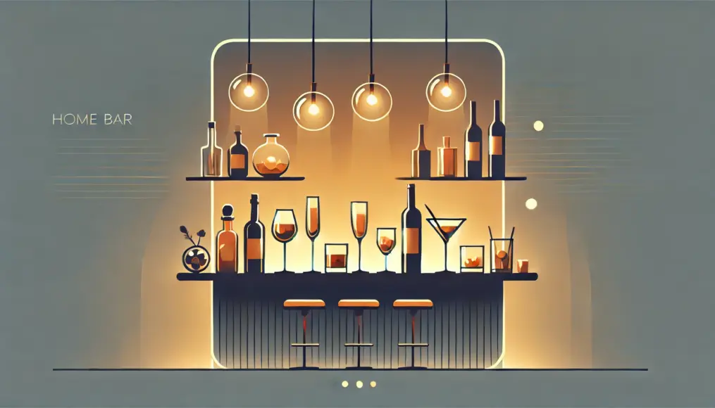 A stylish home bar setup with elegant glasses and bottles under warm ambient lighting. The background exudes a relaxing atmosphere, perfect for unwinding.