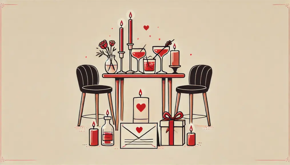 A romantic home bar setting with red candles on the table, a special cocktail, and a handwritten message card, enhancing the intimate atmosphere.