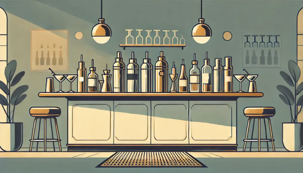 A neatly organized bar counter featuring cocktail shakers and elegant glassware under warm, inviting lighting.