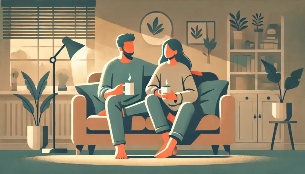 A couple sitting on a sofa at home, gently embracing each other in a peaceful atmosphere, reaffirming their connection