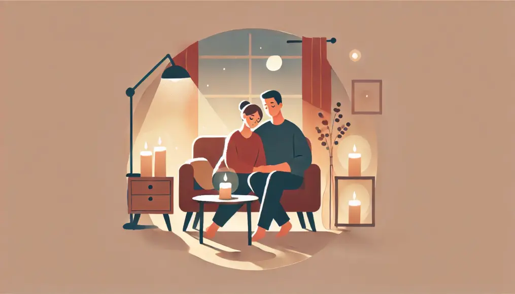 A couple relaxing in a softly lit room. They are enjoying the warm ambiance, feeling calm and comfortable together