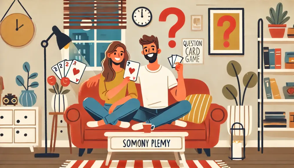 A couple sitting on their living room couch, smiling and playing a question card game in a relaxed atmosphere.