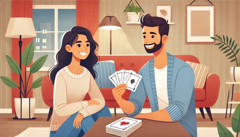 A couple playing a card-based talk game in their living room. They are smiling and enjoying a relaxed, fun conversation.