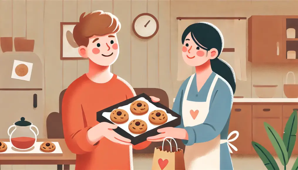 Partner receiving homemade cookies with a smile