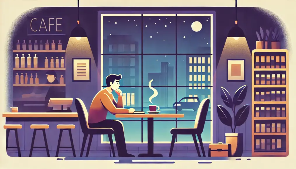 A quiet café at night where an individual is deep in thought, reflecting on their own values while sipping a warm drink