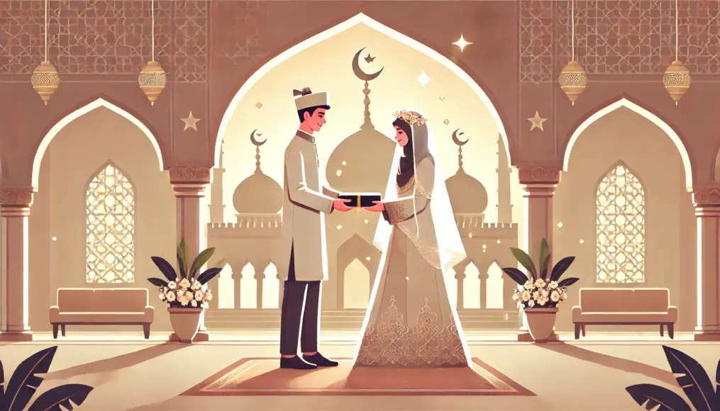 A Muslim couple celebrating a traditional wedding ceremony