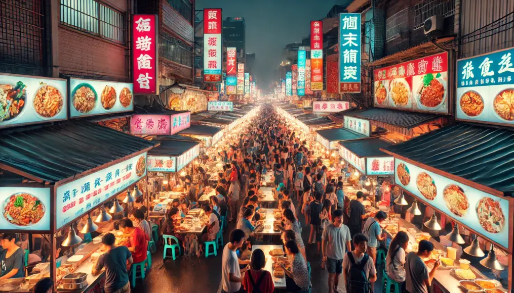 A Japanese night market scene with lanterns hanging and food stalls warmly lit up in the night