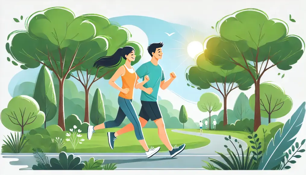 A couple jogging together in a wide grassy park. The sky is blue, trees line the background, and a refreshing breeze is in the air