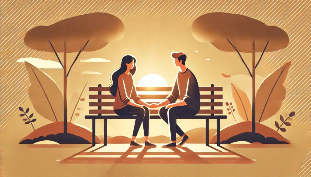 A couple sitting on a bench, holding hands and having a peaceful conversation. They both have warm expressions as the sun sets in the background, creating a cozy atmosphere.