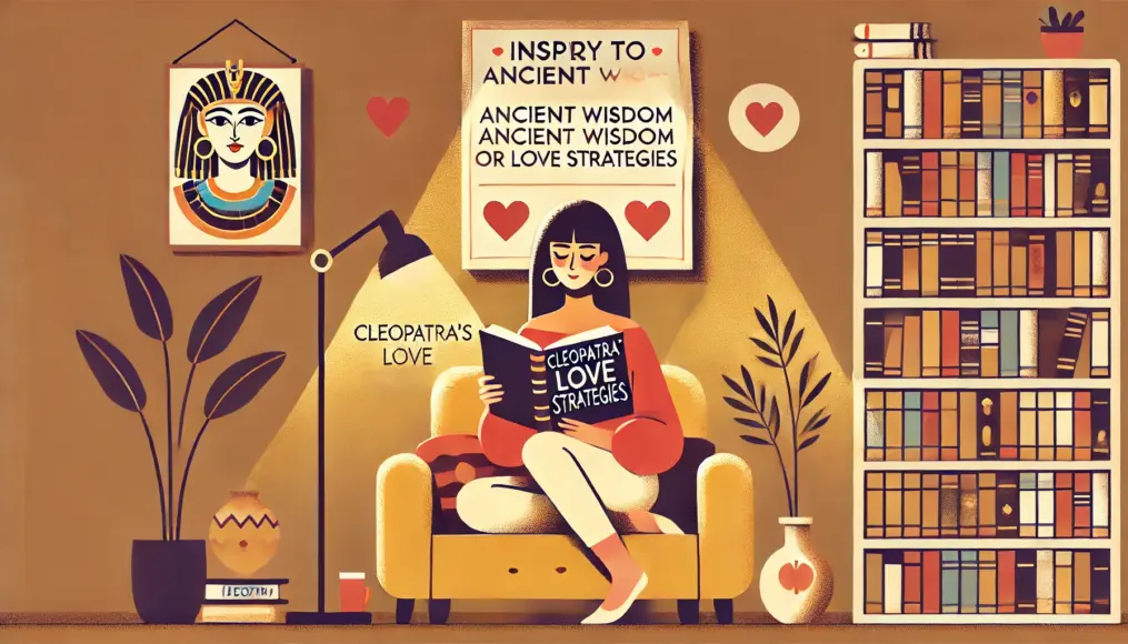 A modern woman reading about Cleopatra’s love stories, looking for wisdom to apply to her own relationships