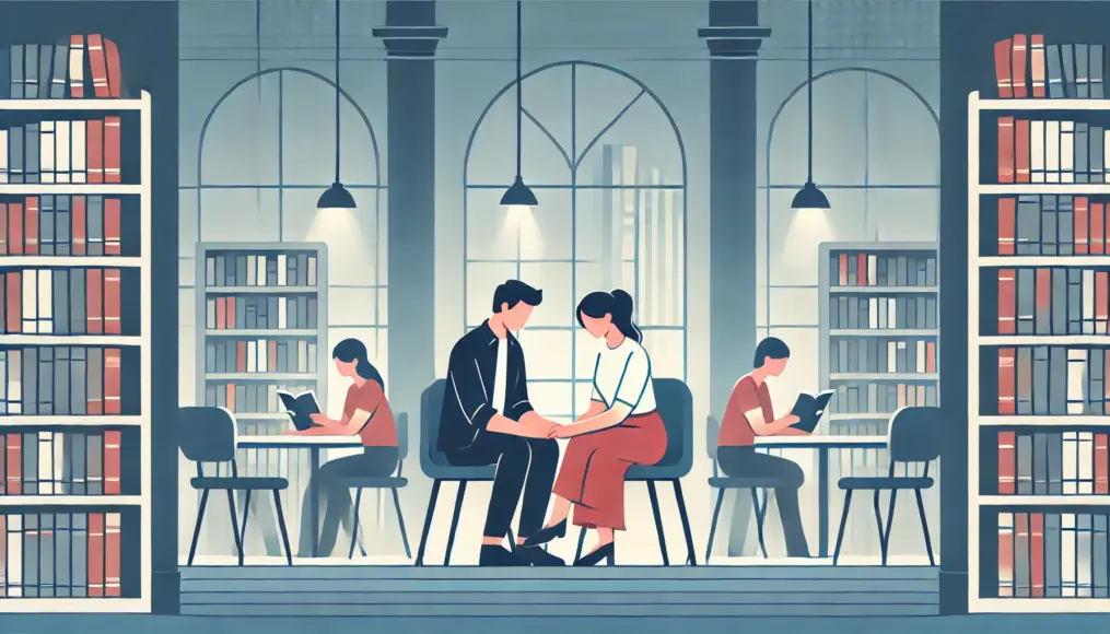 A couple sitting across from each other in a quiet study, gently placing their hands together as they communicate in a calm atmosphere